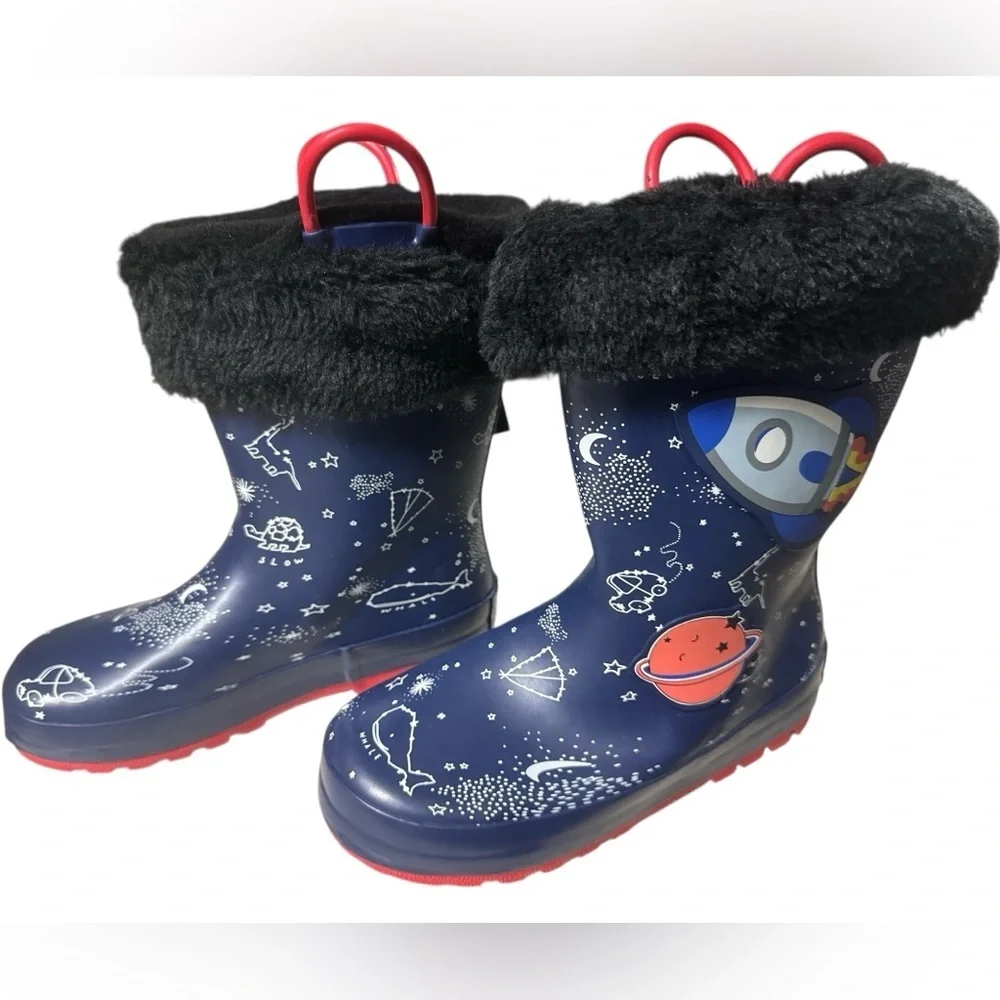 NOVA Navy Space Rocket Rain Boots with Removable Fur Lining - Kids Size 13